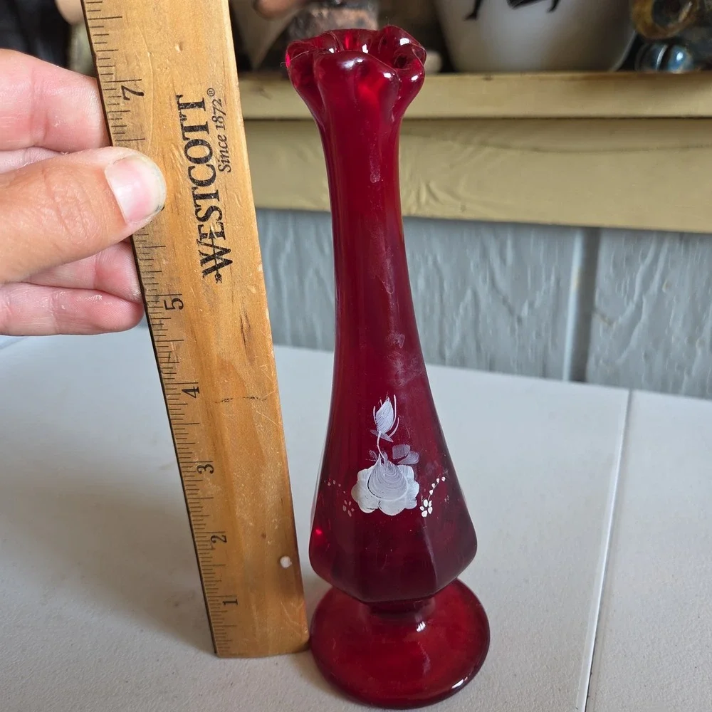 Fenton Ruby Red Swung Bud Crimped Glass Vase Hand-Painted Floral Artist Signed